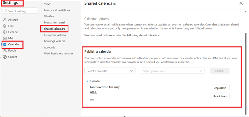 Outlook calendar publish settings