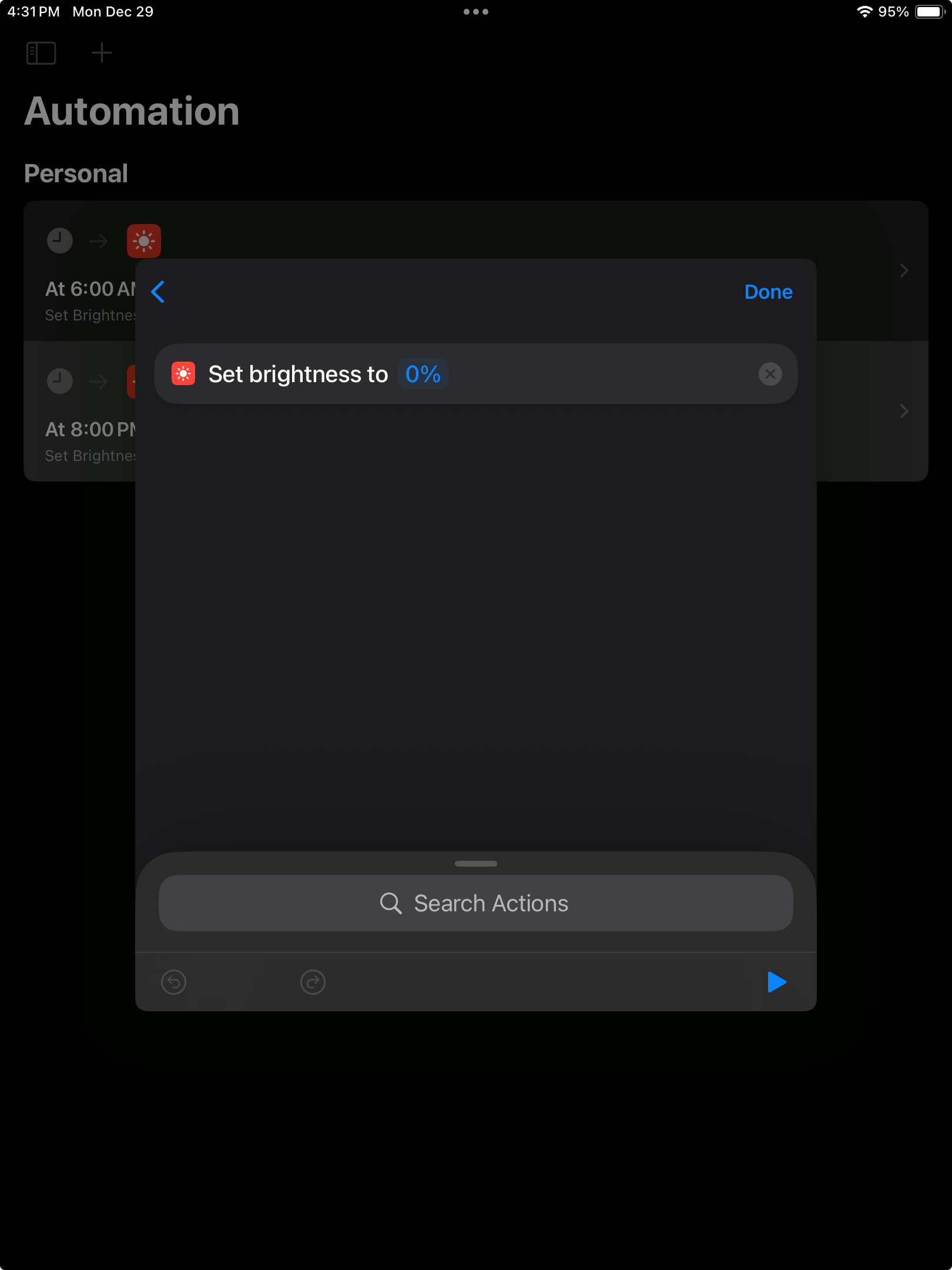 Screenshot showing Set Brightness action set to 0%