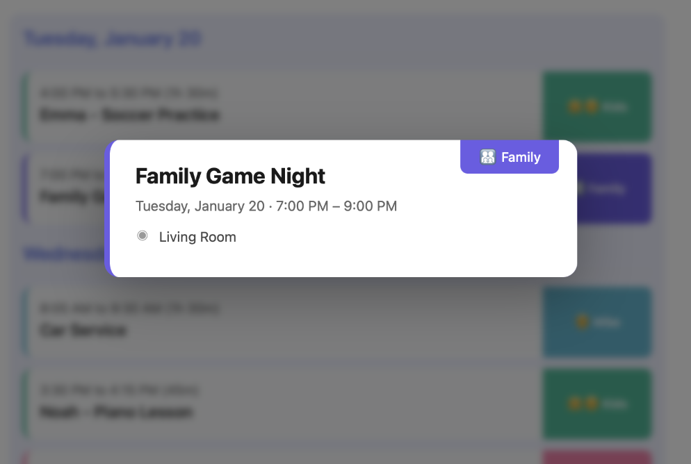 Event detail popup showing Family Game Night